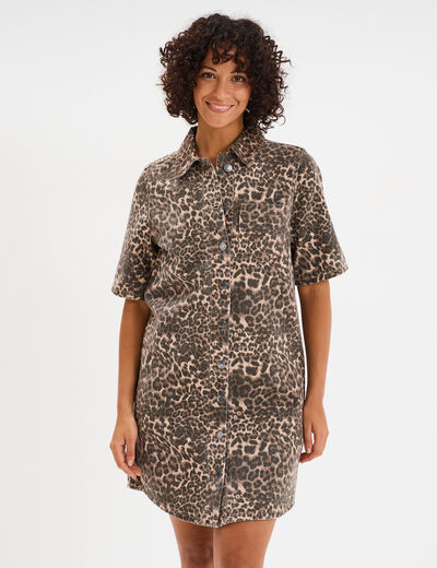 Robe chemise boutonnée en jean coton marron femme
