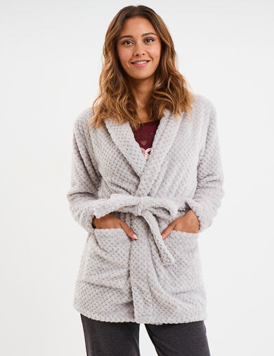 Peignoir mi-long effet polaire ceintur&eacute; gris clair femme