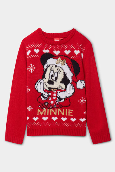 Pull de Noël à sequins col rond Minnie rouge fille