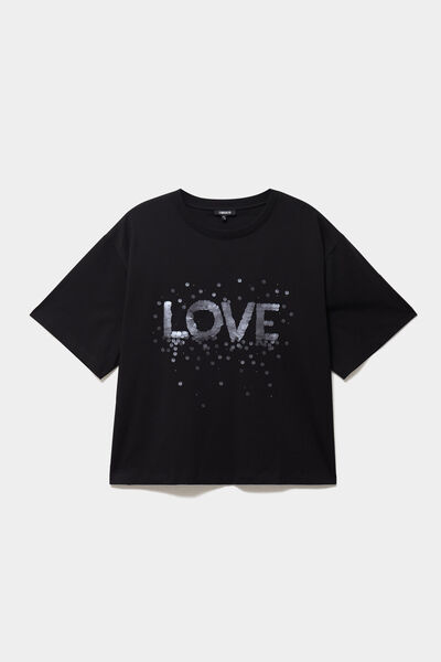 T-shirt oversize &agrave; sequins coton noir femme grande taille