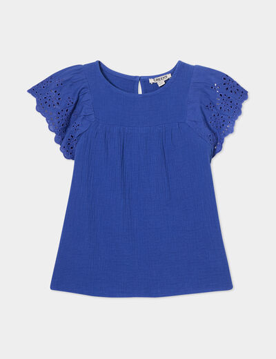 Blouse broderie anglaise gaze de coton bleu roi fille
