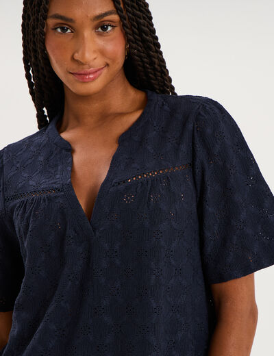 Blouse brod&eacute;e col tunisien bleu fonc&eacute; femme