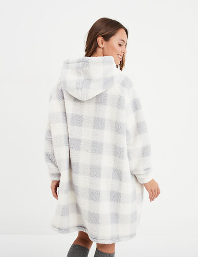 Poncho plaid effet polaire à capuche ecru femme