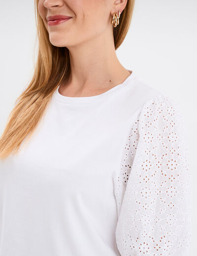 T-shirt coton manches broderie anglaise blanc femme