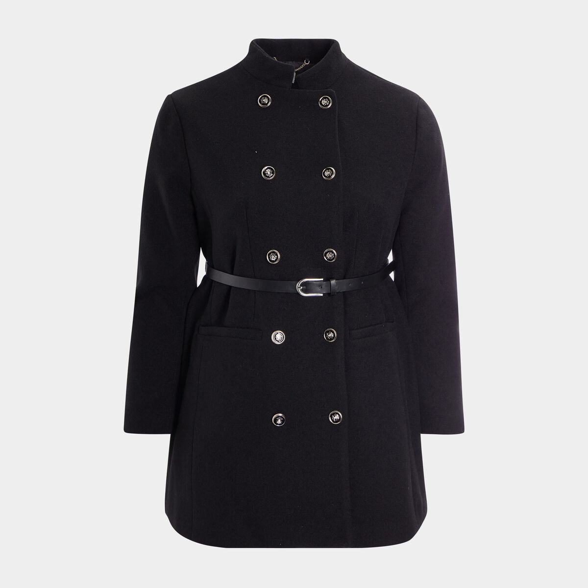 Manteau esprit officier droit ceinturé noir femme grande taille