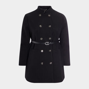 Manteau esprit officier droit ceinturé noir femme grande taille