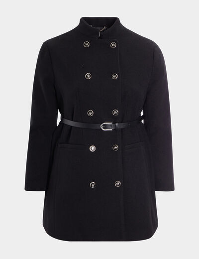 Manteau esprit officier droit ceinturé noir femme grande taille