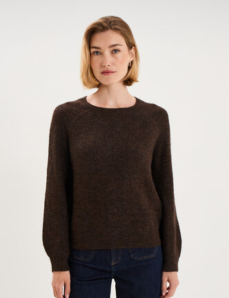 Pull col rond manches longues marron fonc&eacute; femme