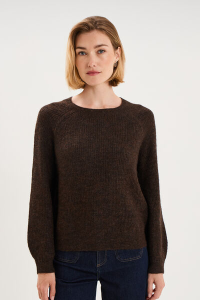 Pull col rond manches longues marron fonc&eacute; femme