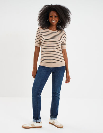 Pull manches courtes col rond beige femme