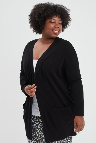 Gilet long droit avec poches noir femme grande taille