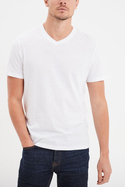 T-shirt manches courtes coton col V blanc homme