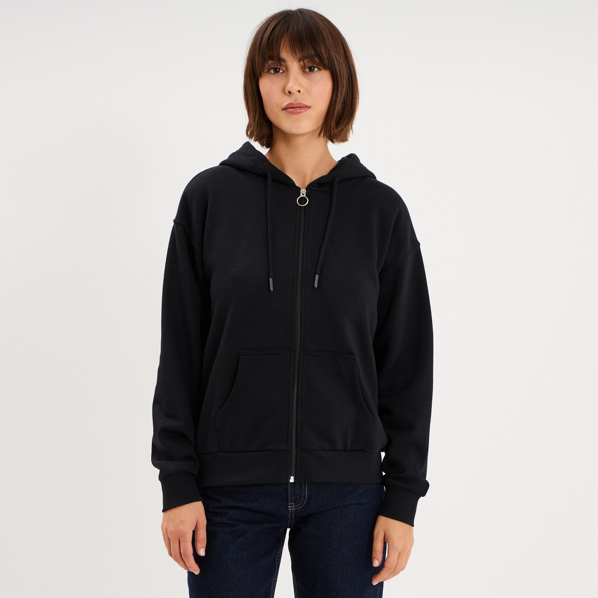 Sweat zippé à capuche noir femme LH