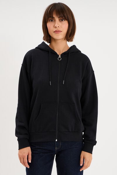 Sweat zipp&eacute; &agrave; capuche noir femme
