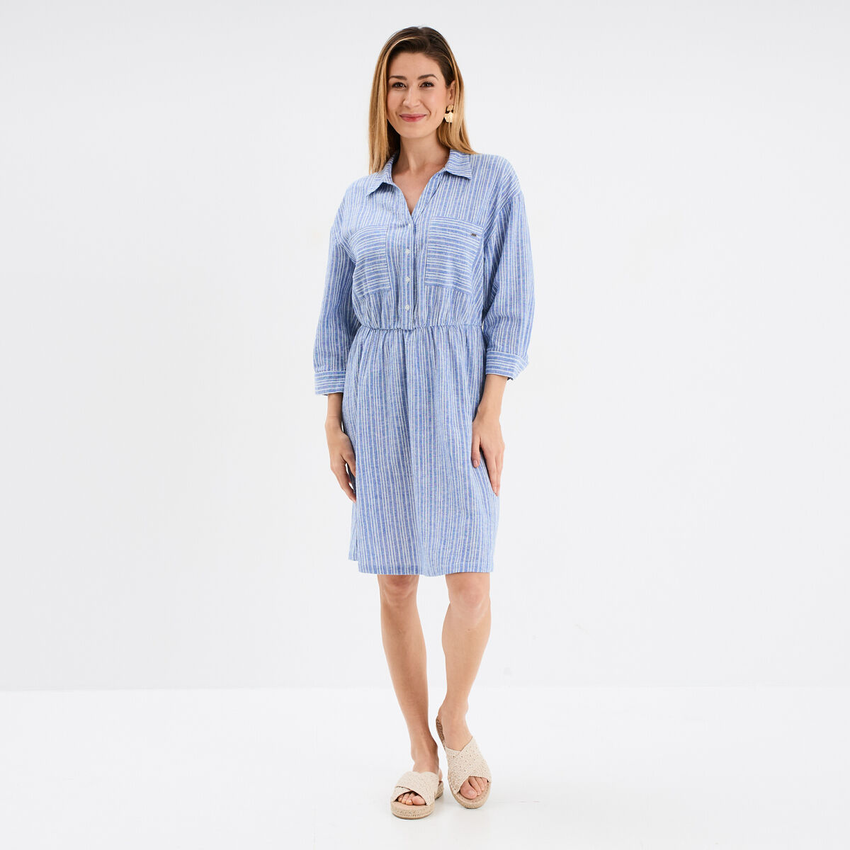 Robe col chemise 2 poches mélange lin bleu femme