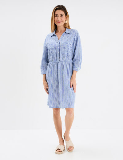 Robe col chemise 2 poches mélange lin bleu femme
