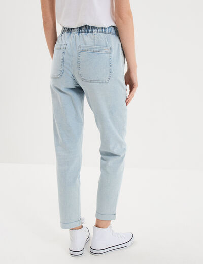 Jeans droit cropped taille &eacute;lastiqu&eacute;e denim triple stone femme