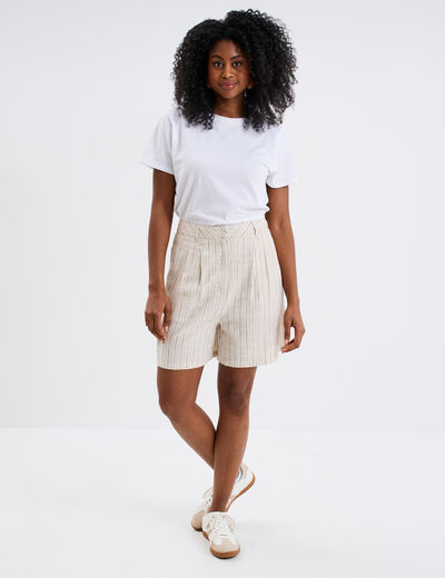 Short droit lin mélangé beige femme
