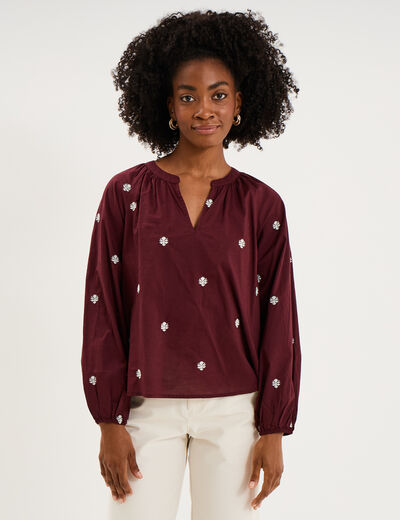 Blouse brod&eacute;e col tunisien coton violet fonc&eacute; femme