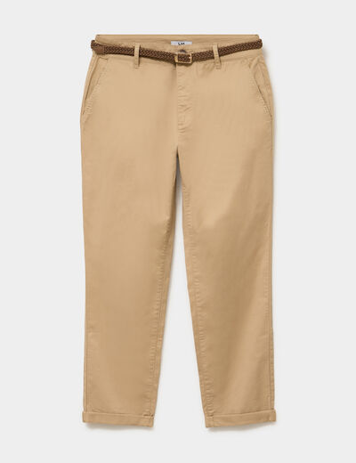 Pantalon chino 7/8&egrave;me ceinture tress&eacute;e beige femme