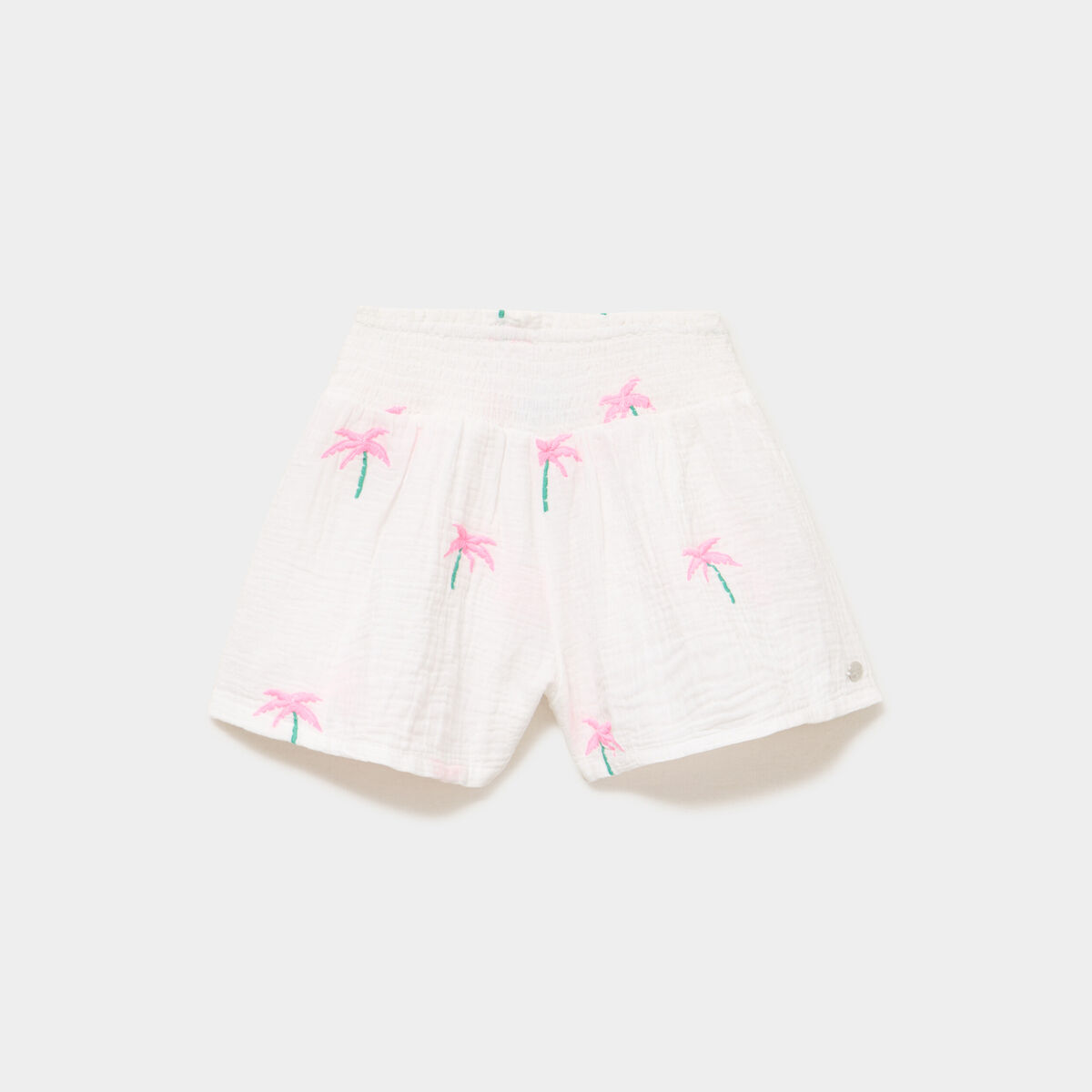 Short brod&eacute; taille smock&eacute;e gaze de coton ecru fille