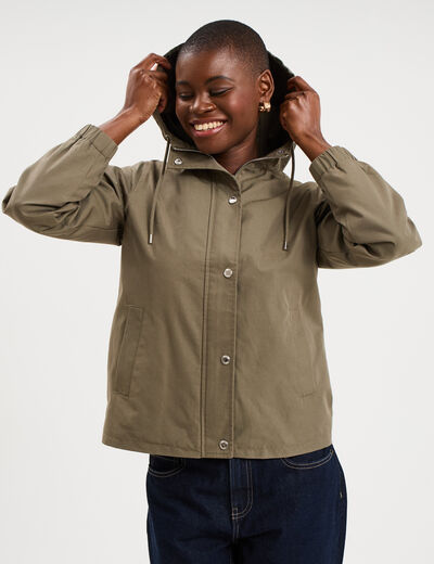 Parka courte imperm&eacute;able &agrave; capuche vert kaki femme