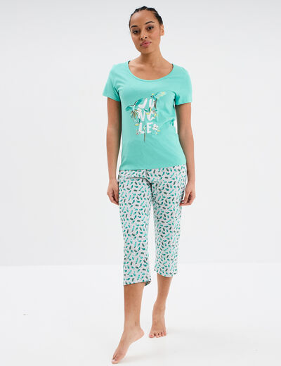 Ensemble pyjama corsaire 2 pièces coton bleu turquoise femme