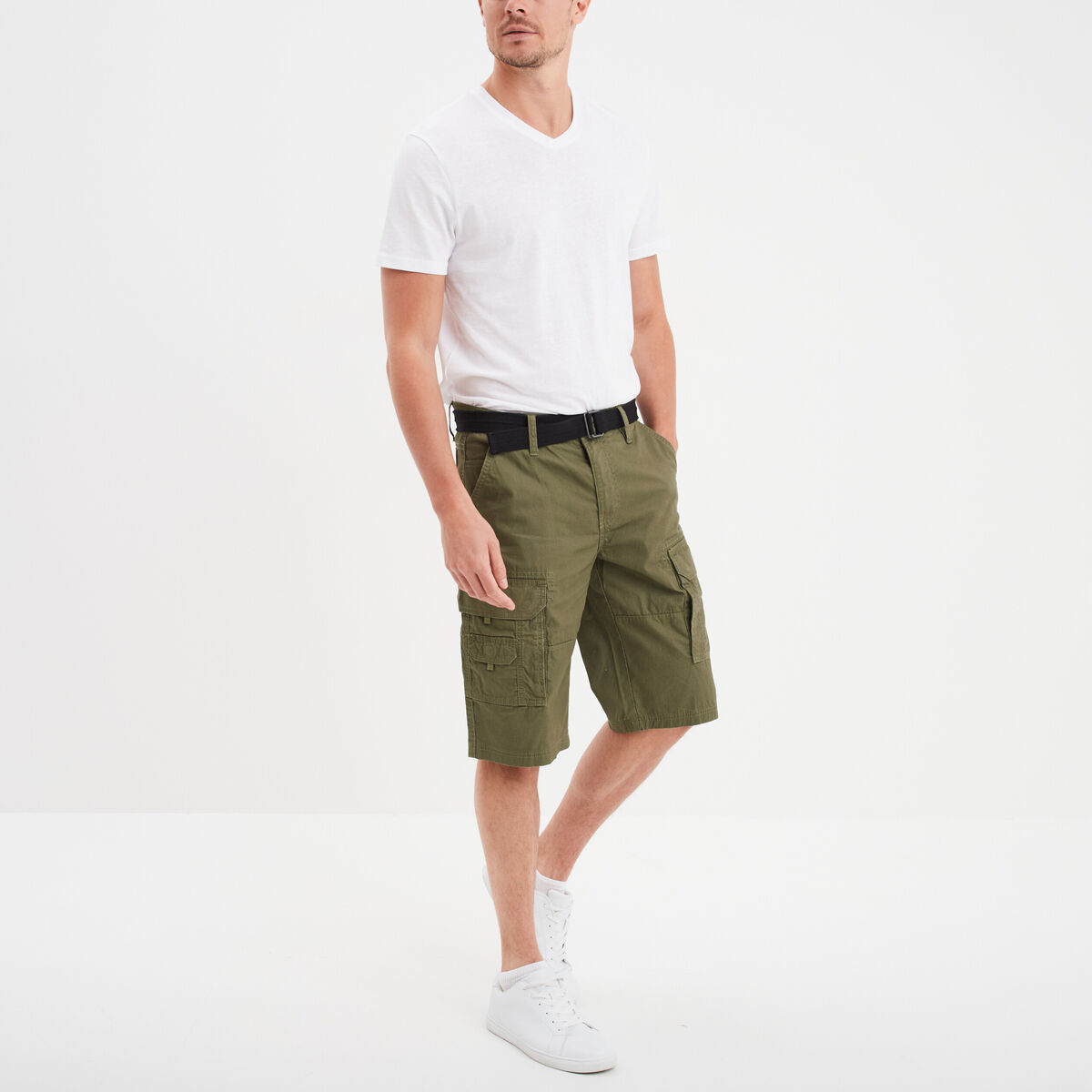Bermuda cargo côtelé ceinturé Trappeur vert kaki homme
