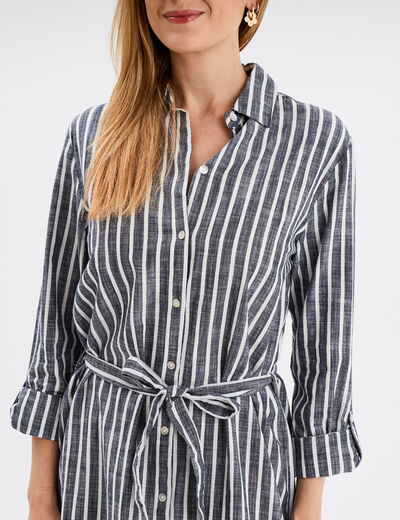 Robe chemise longue ceintur&eacute;e coton bleu marine femme