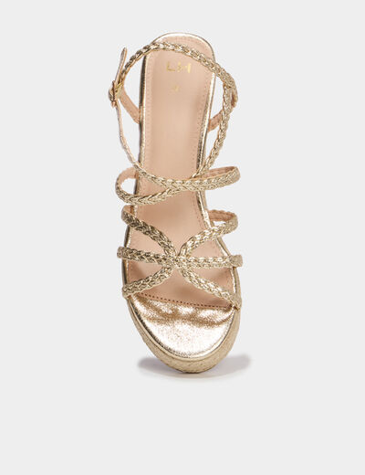 Sandales compens&eacute;es brides tress&eacute;es jaune or femme