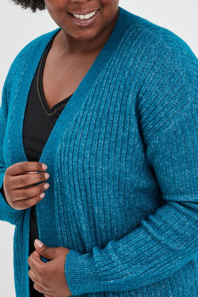 Gilet long côtelé col châle bleu canard femme grande taille