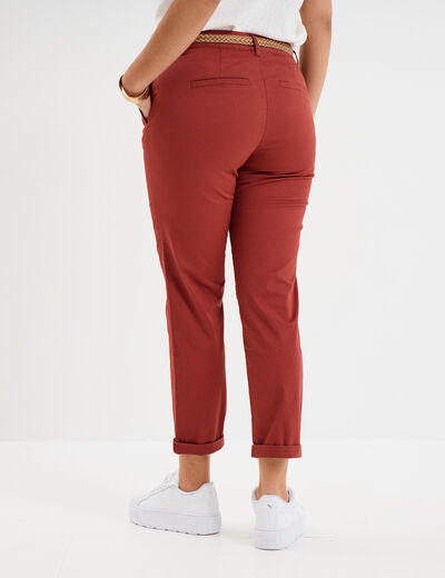 Pantalon chino 7/8&egrave;me ceinture tress&eacute;e rouge fonc&eacute; femme