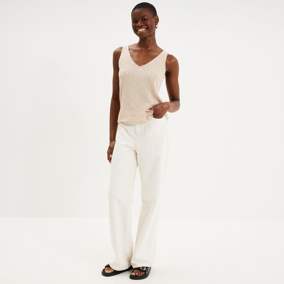 D&eacute;bardeur d&eacute;tails ajour&eacute;s beige femme