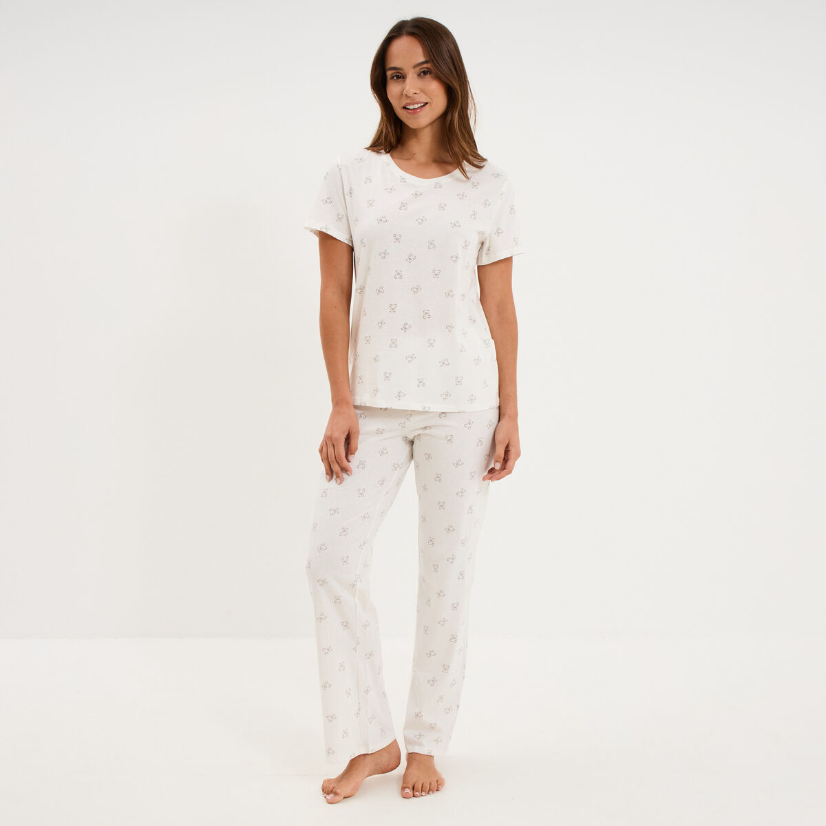 Ensemble pyjama t-shirt pantalon coton ecru femme