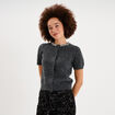 Gilet col rond bijou manches courtes gris fonc&eacute; femme