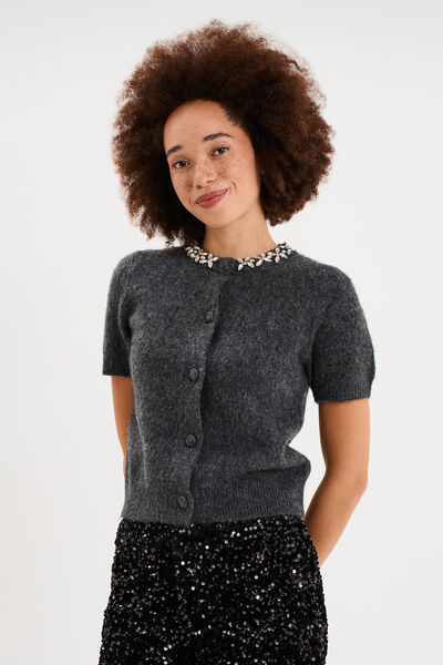 Gilet col rond bijou manches courtes gris fonc&eacute; femme