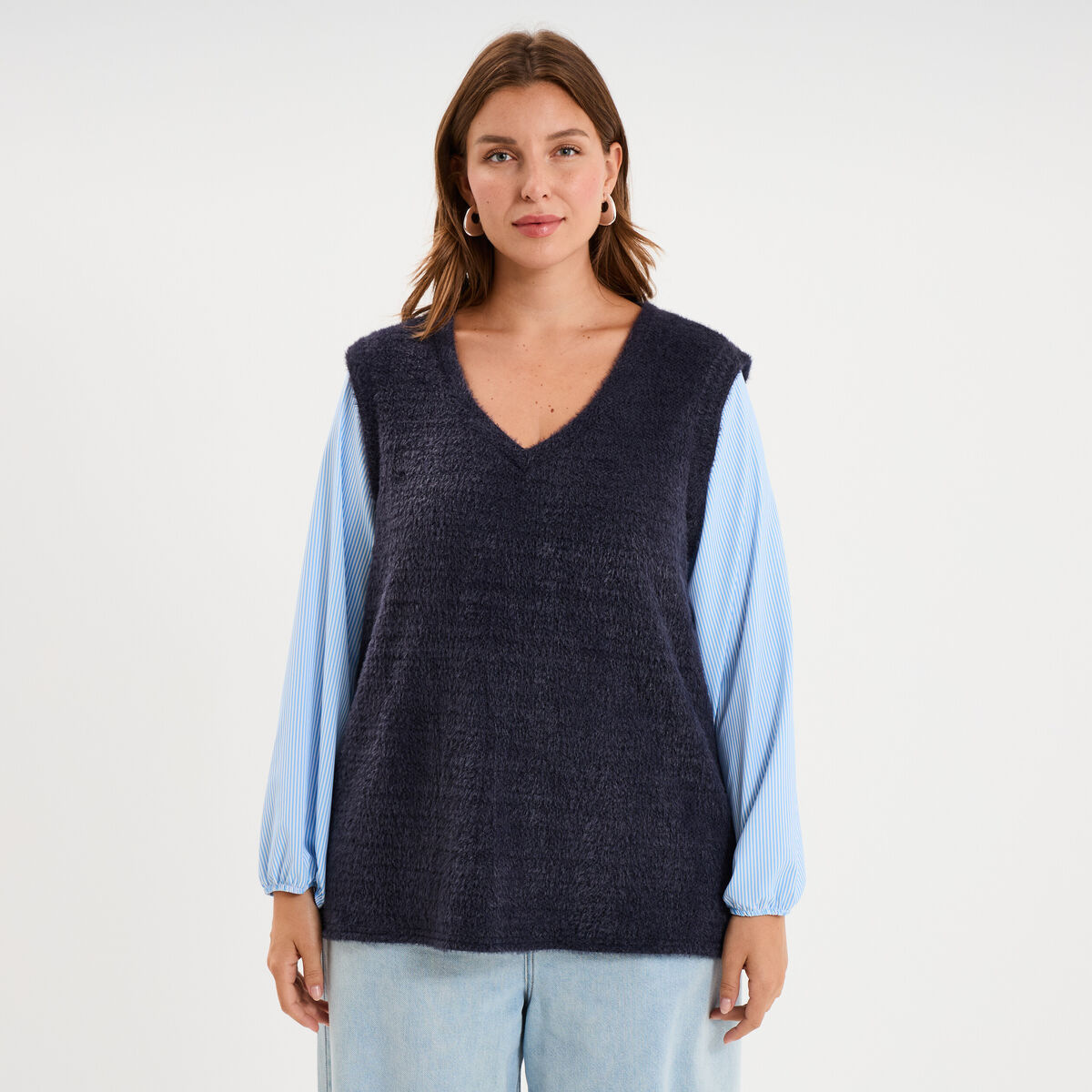 Pull effet 2-en-1 droit manches longues bleu marine femme grande taille