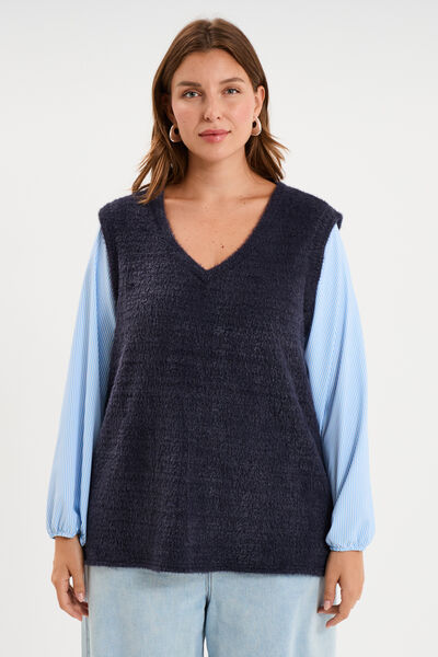 Pull effet 2-en-1 droit manches longues bleu marine femme grande taille
