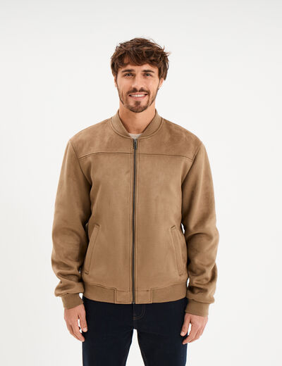 Blouson bomber effet su&eacute;dine taupe homme