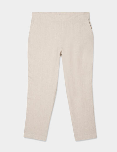 Pantalon chino droit en lin m&eacute;lang&eacute; beige femme grande taille