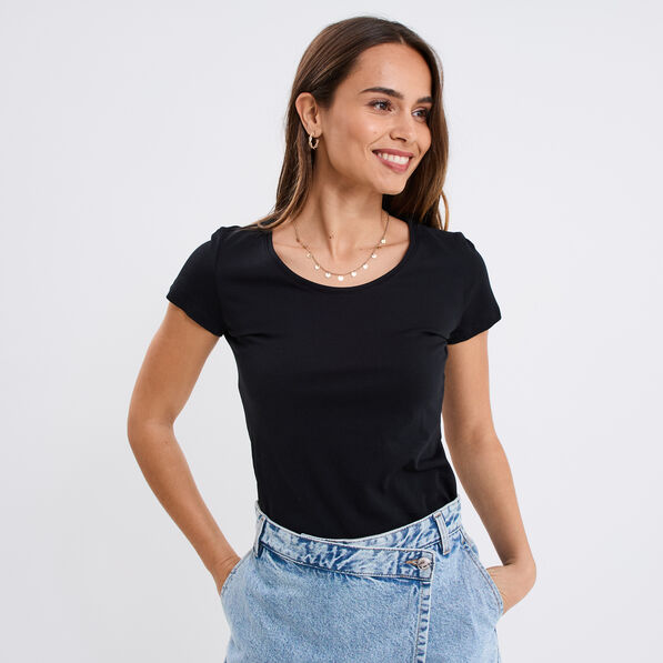 t shirt coton col rond manches courtes noir femme T-shirt coton col rond manches courtes noir femme