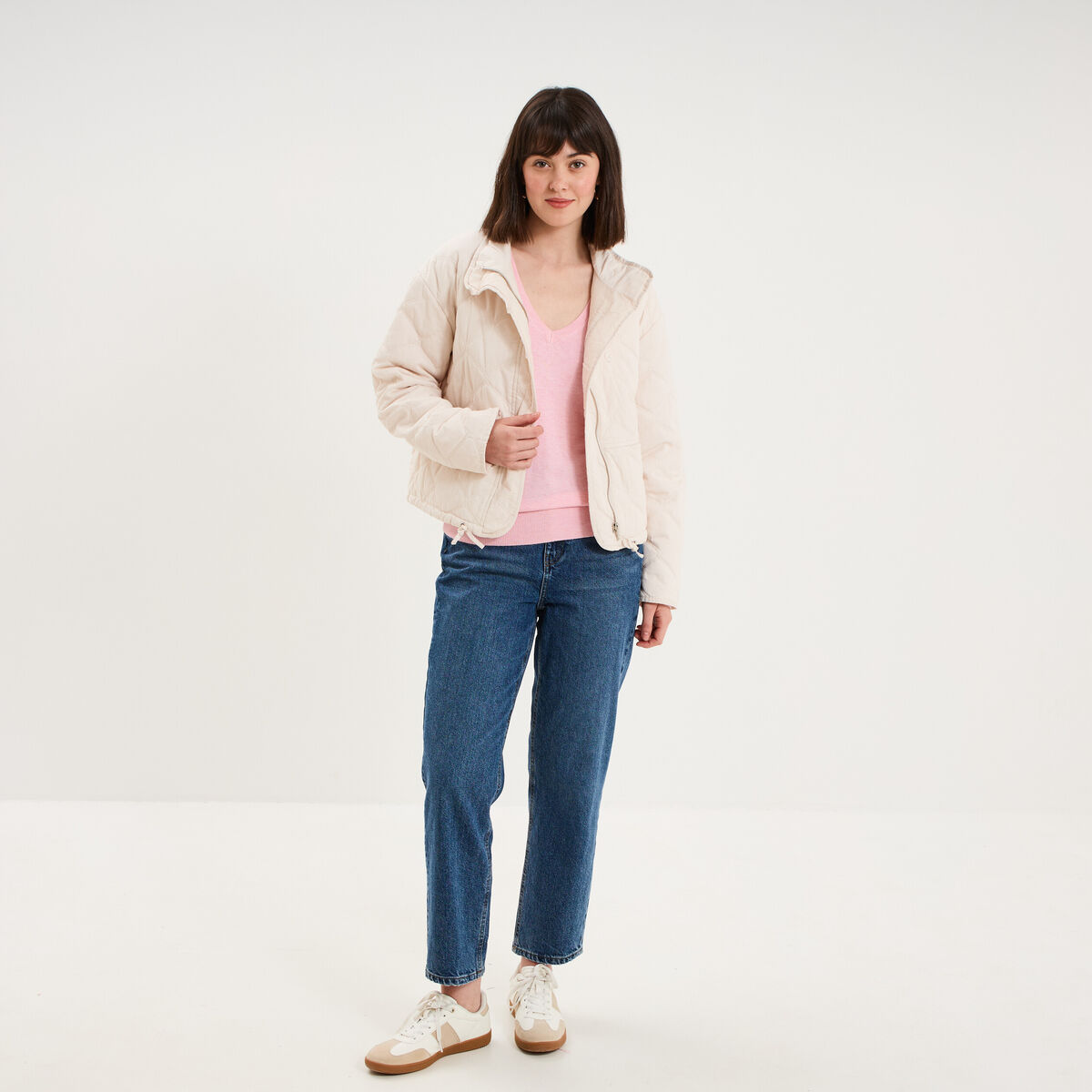 Pull col en V manches longues rose clair femme