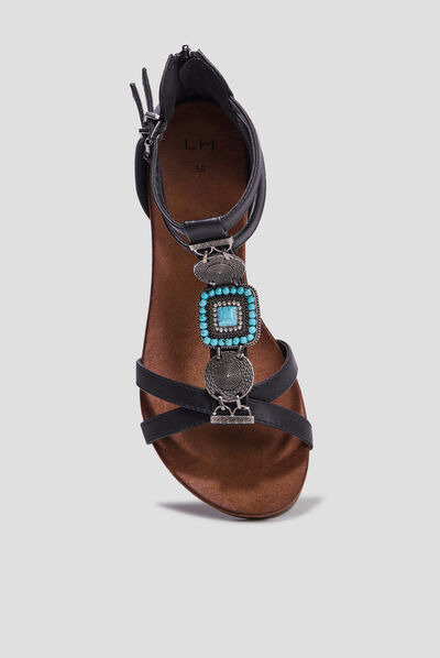 Sandales zippées avec détails bijoux noir femme