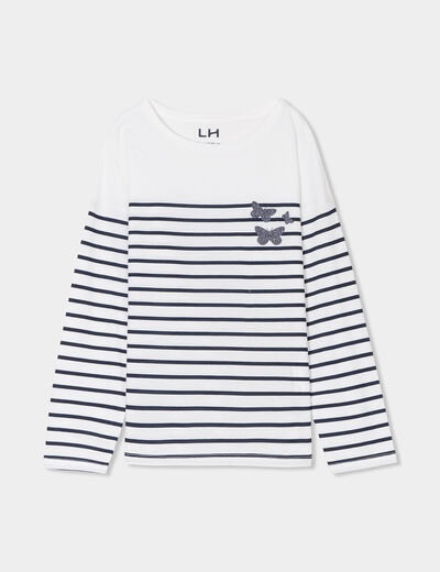 T-shirt coton col rond manches longues ecru fille