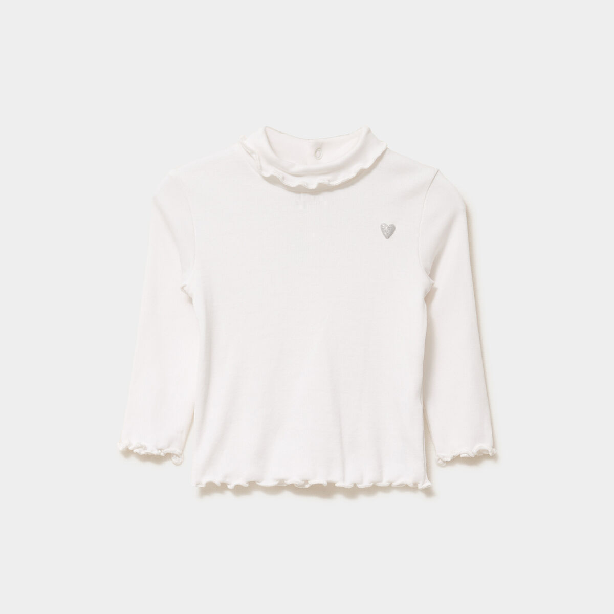 T-shirt col roul&eacute; bords vagues coton blanc b&eacute;b&eacute; fille