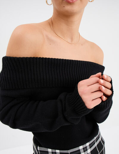 Pull cintré col bateau manches longues noir femme