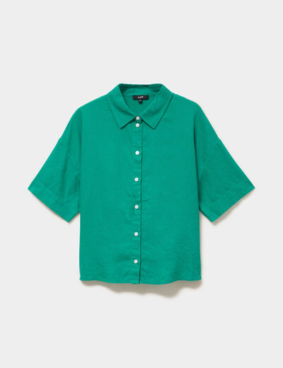 Chemise manches courtes lin m&eacute;lang&eacute; vert canard femme