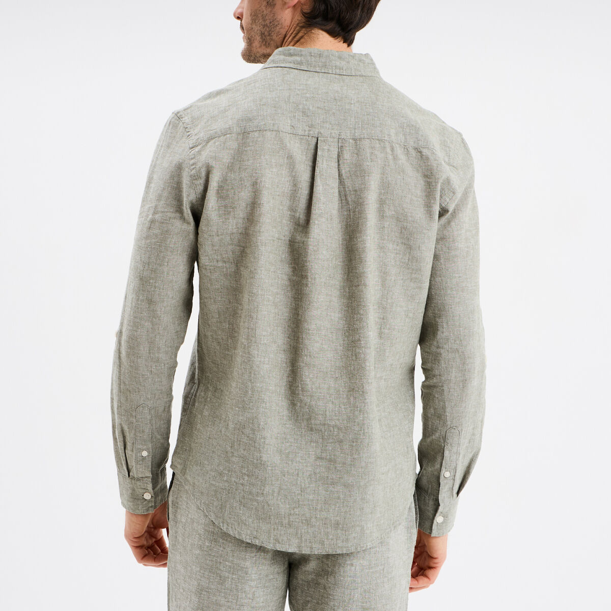 Chemise manches longues lin m&eacute;lang&eacute; vert kaki homme