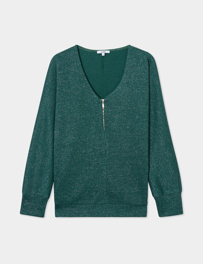 Pull chauve-souris col en V détail zippé vert foncé femme