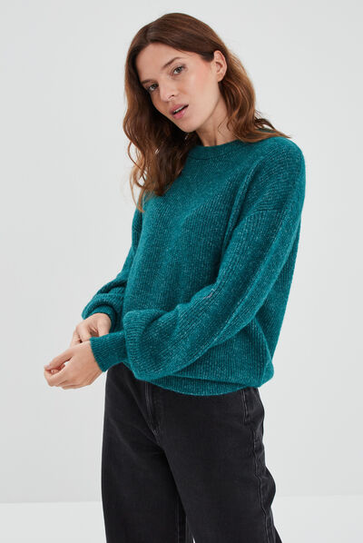 Pull col rond manches ballons bleu canard femme